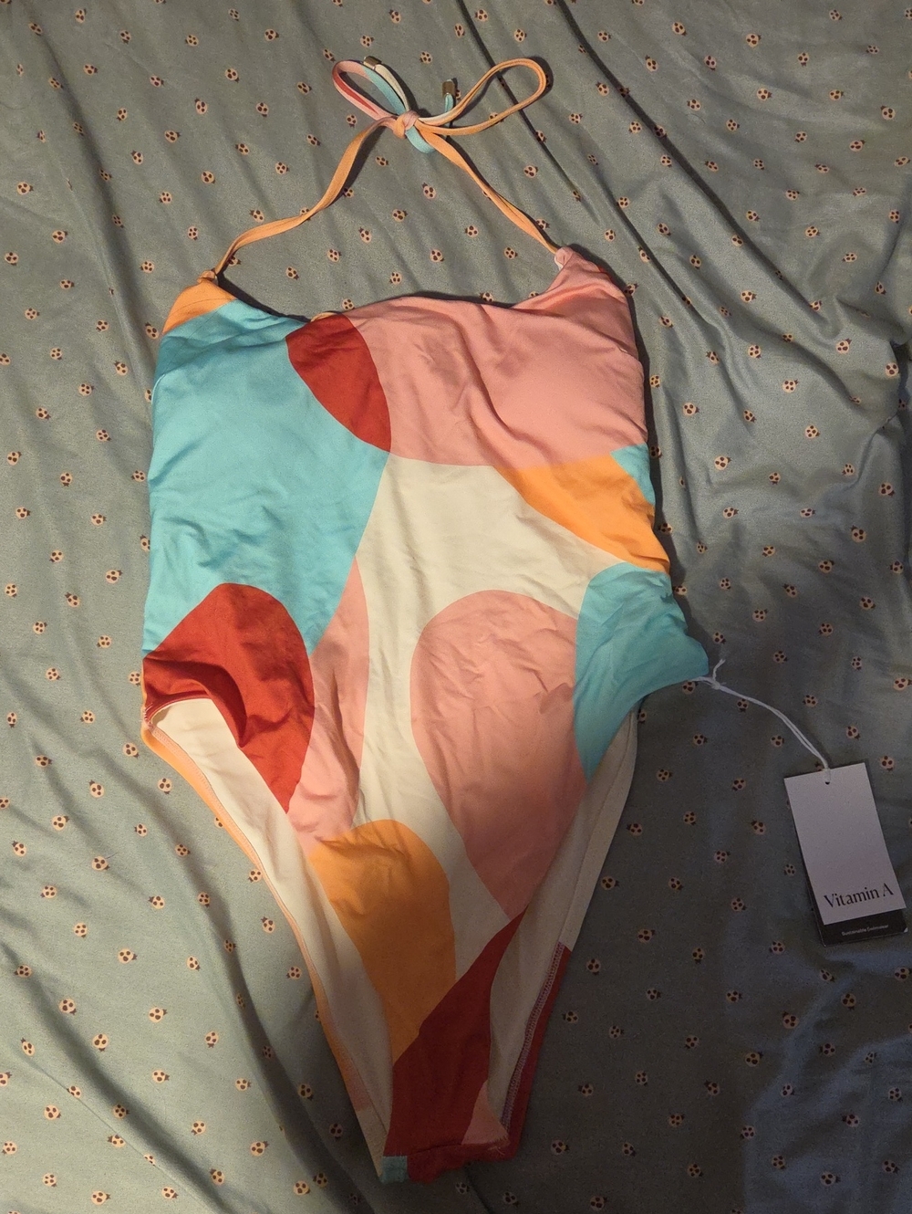 Vitamin A Multicolor Halter Swimsuit with Coral, Aqua and Mustard Accents